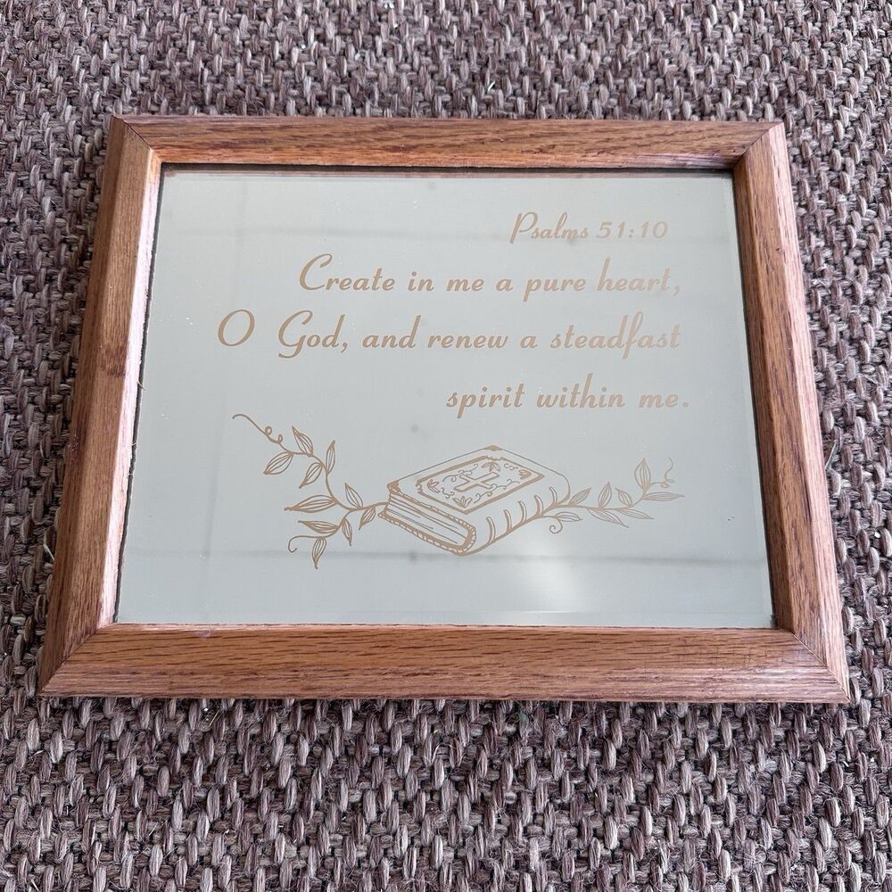 Vintage Psalms 51:10 Etched Mirror Oak Framed Scripture Wall Art Religious Jesus
